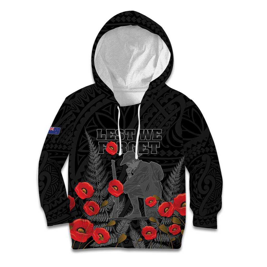 Personalised New Zealand ANZAC Day Kid Hoodie Lest We Forget Soldier Memorial LT15 Hoodie Black - Polynesian Pride