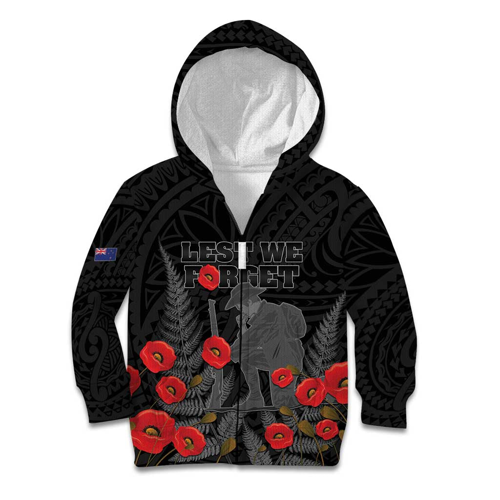 Personalised New Zealand ANZAC Day Kid Hoodie Lest We Forget Soldier Memorial LT15 Zip Hoodie Black - Polynesian Pride