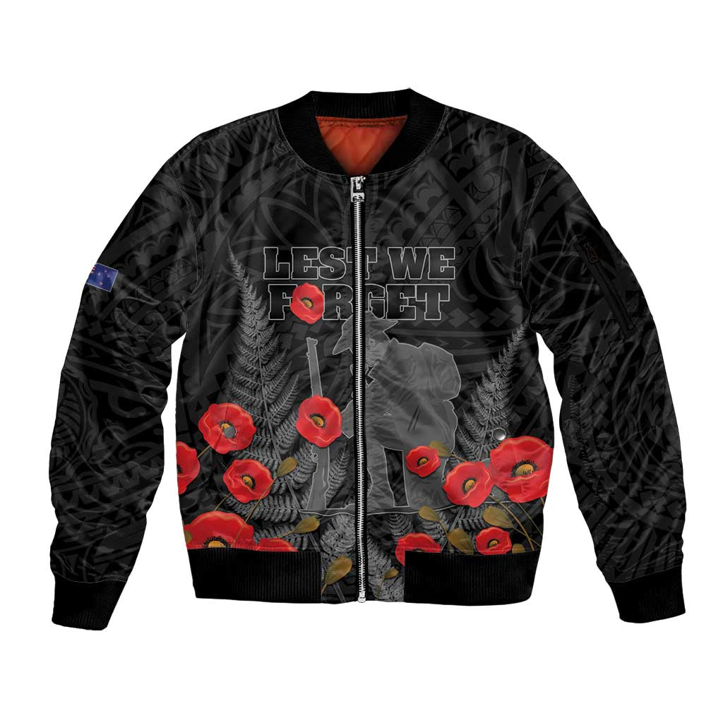 Personalised New Zealand ANZAC Day Sleeve Zip Bomber Jacket Lest We Forget Soldier Memorial