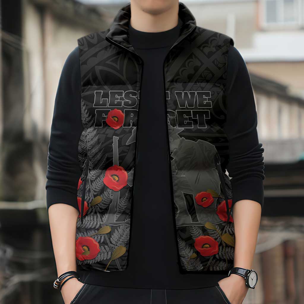 Personalised New Zealand ANZAC Day Sleeveless Puffer Jacket Lest We Forget Soldier Memorial