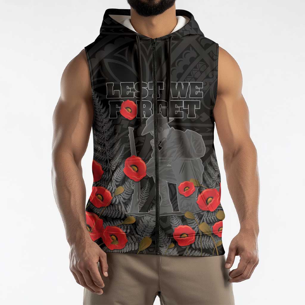 Personalised New Zealand ANZAC Day Sleeveless Zip Hoodie Lest We Forget Soldier Memorial