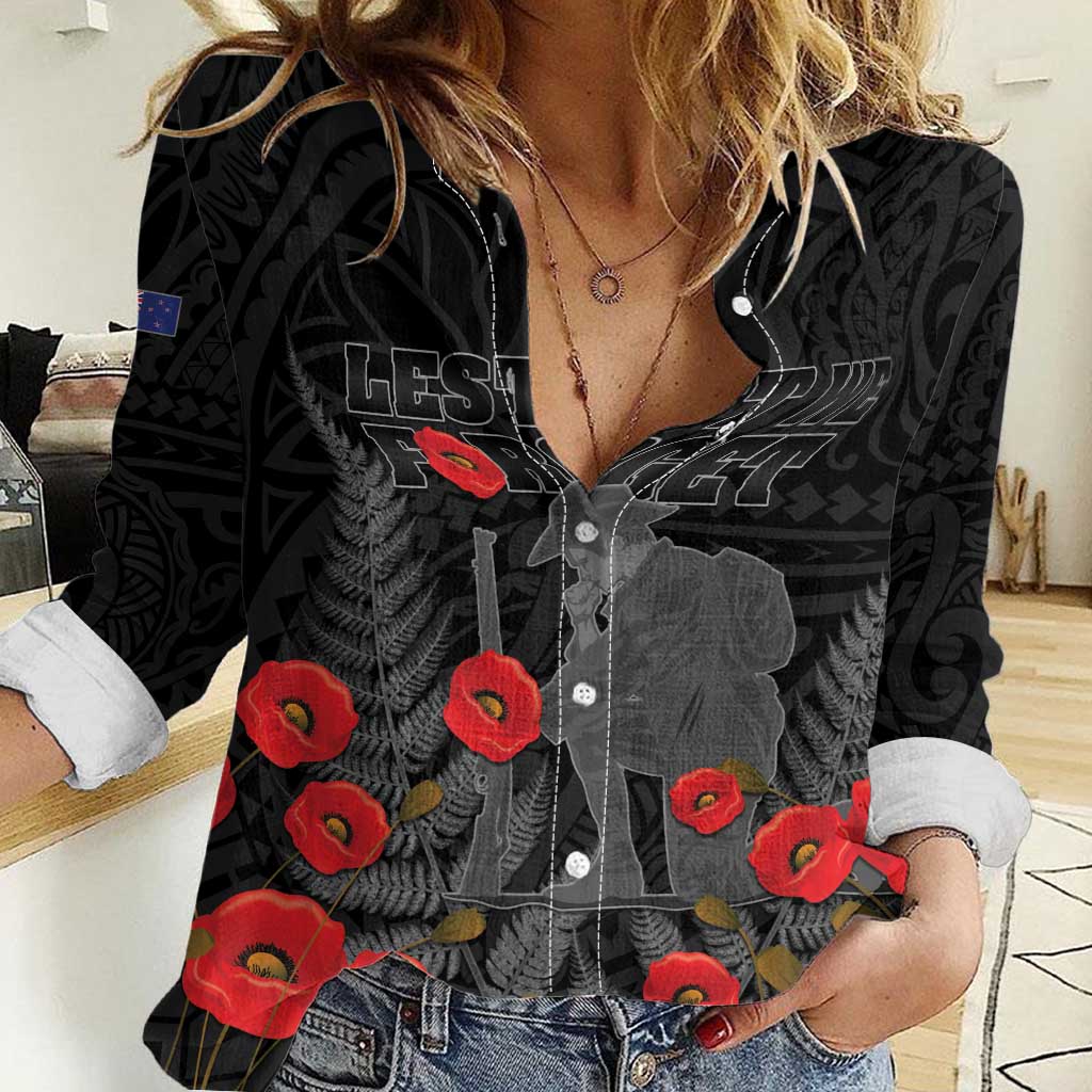 Personalised New Zealand ANZAC Day Women Casual Shirt Lest We Forget Soldier Memorial LT15 Female Black - Polynesian Pride