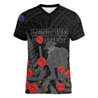 Personalised New Zealand ANZAC Day Women V-Neck T-Shirt Lest We Forget Soldier Memorial LT15 Female Black - Polynesian Pride