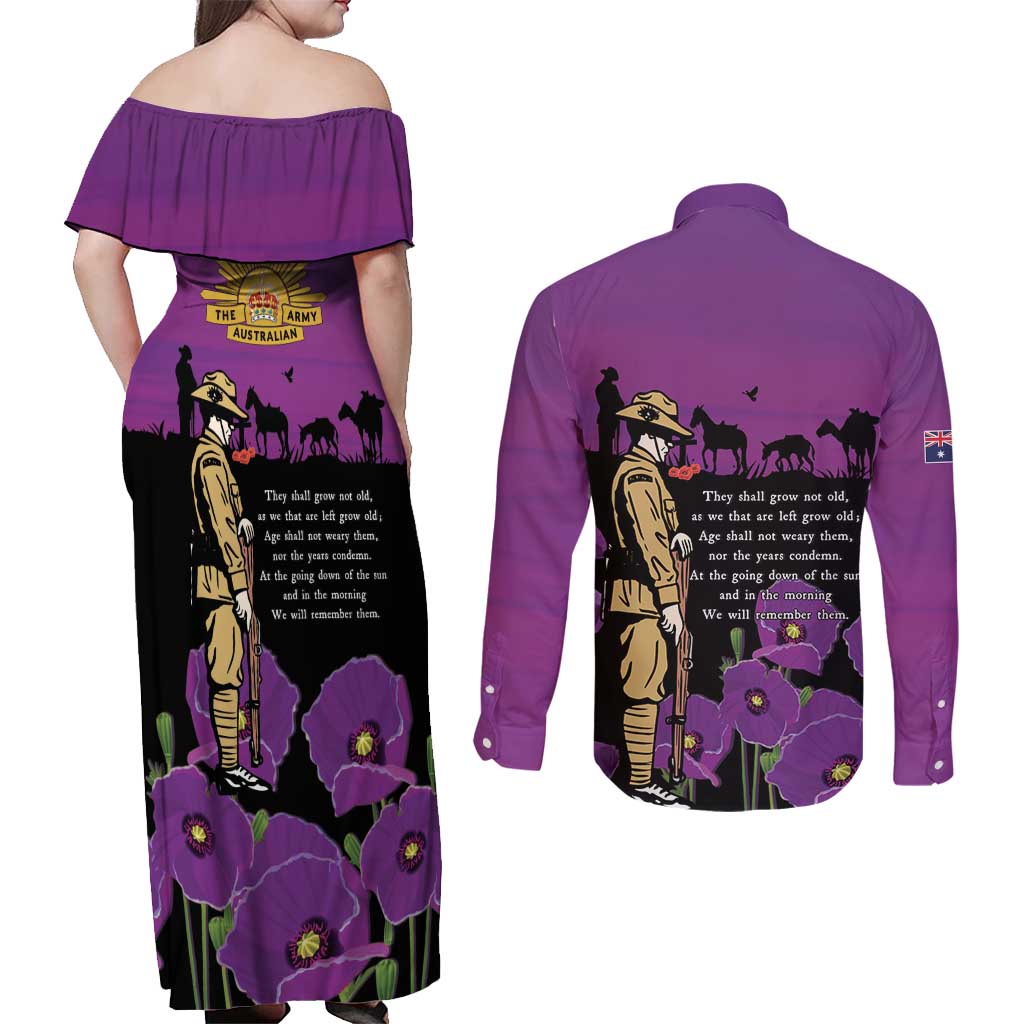 ANZAC Soldier and War Animals Couples Matching Off Shoulder Maxi Dress and Long Sleeve Button Shirt We Will Remember Them
