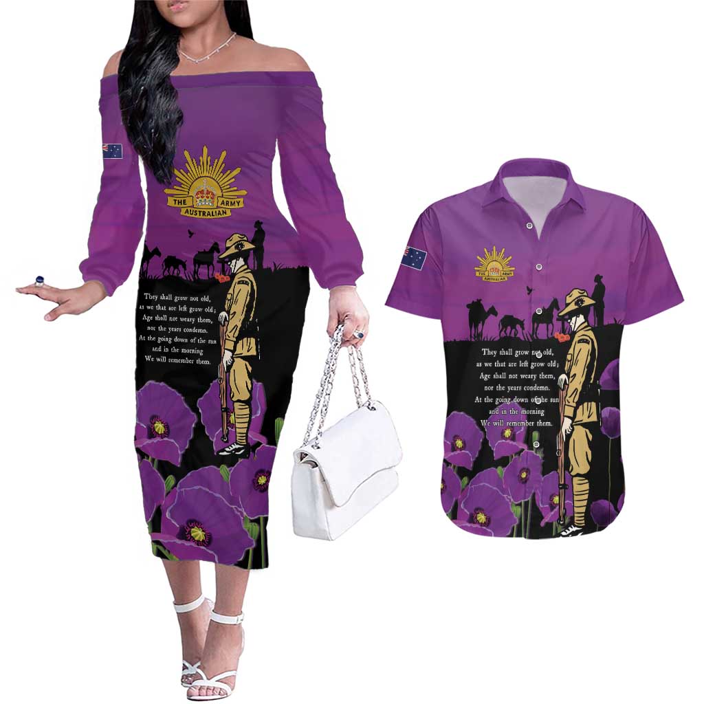 ANZAC Soldier and War Animals Couples Matching Off The Shoulder Long Sleeve Dress and Hawaiian Shirt We Will Remember Them