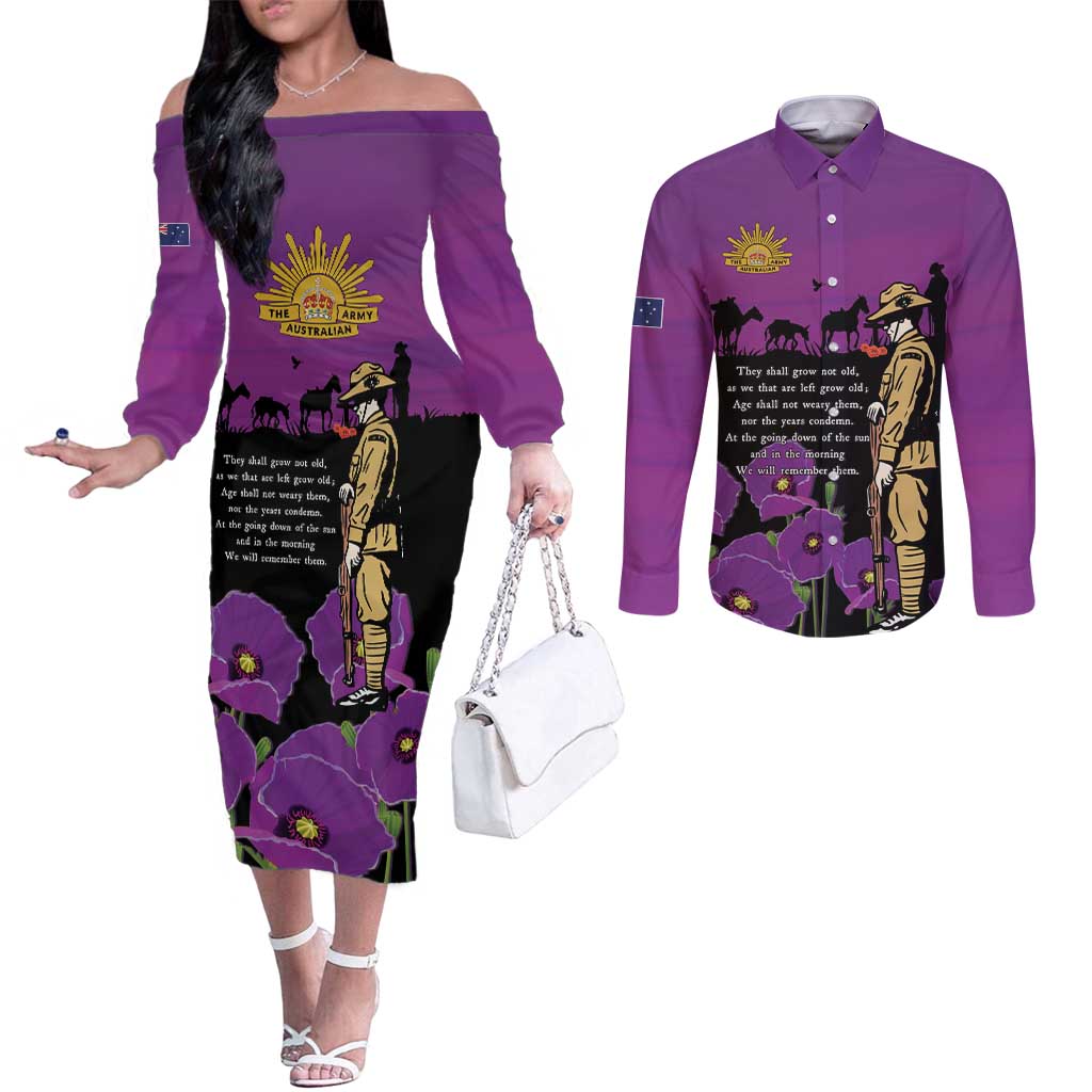 ANZAC Soldier and War Animals Couples Matching Off The Shoulder Long Sleeve Dress and Long Sleeve Button Shirt We Will Remember Them