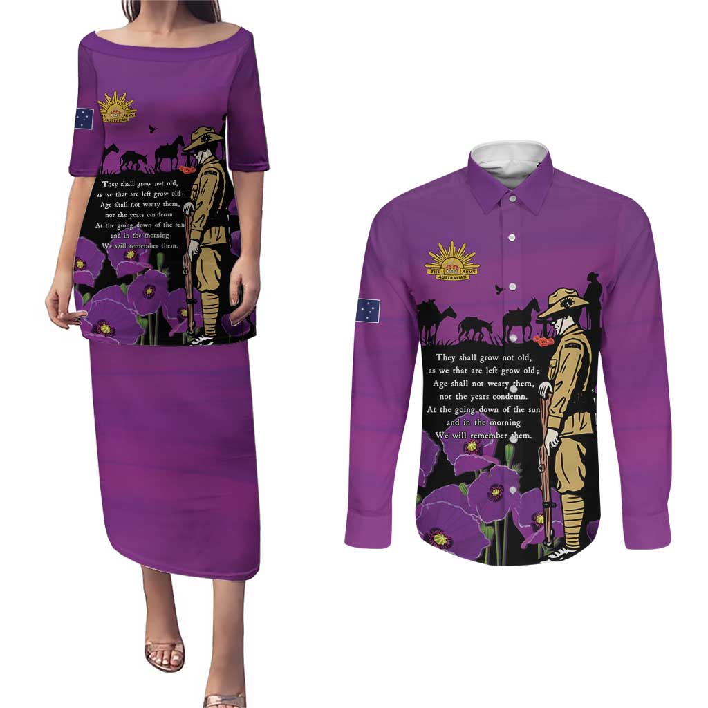 ANZAC Soldier and War Animals Couples Matching Puletasi and Long Sleeve Button Shirt We Will Remember Them