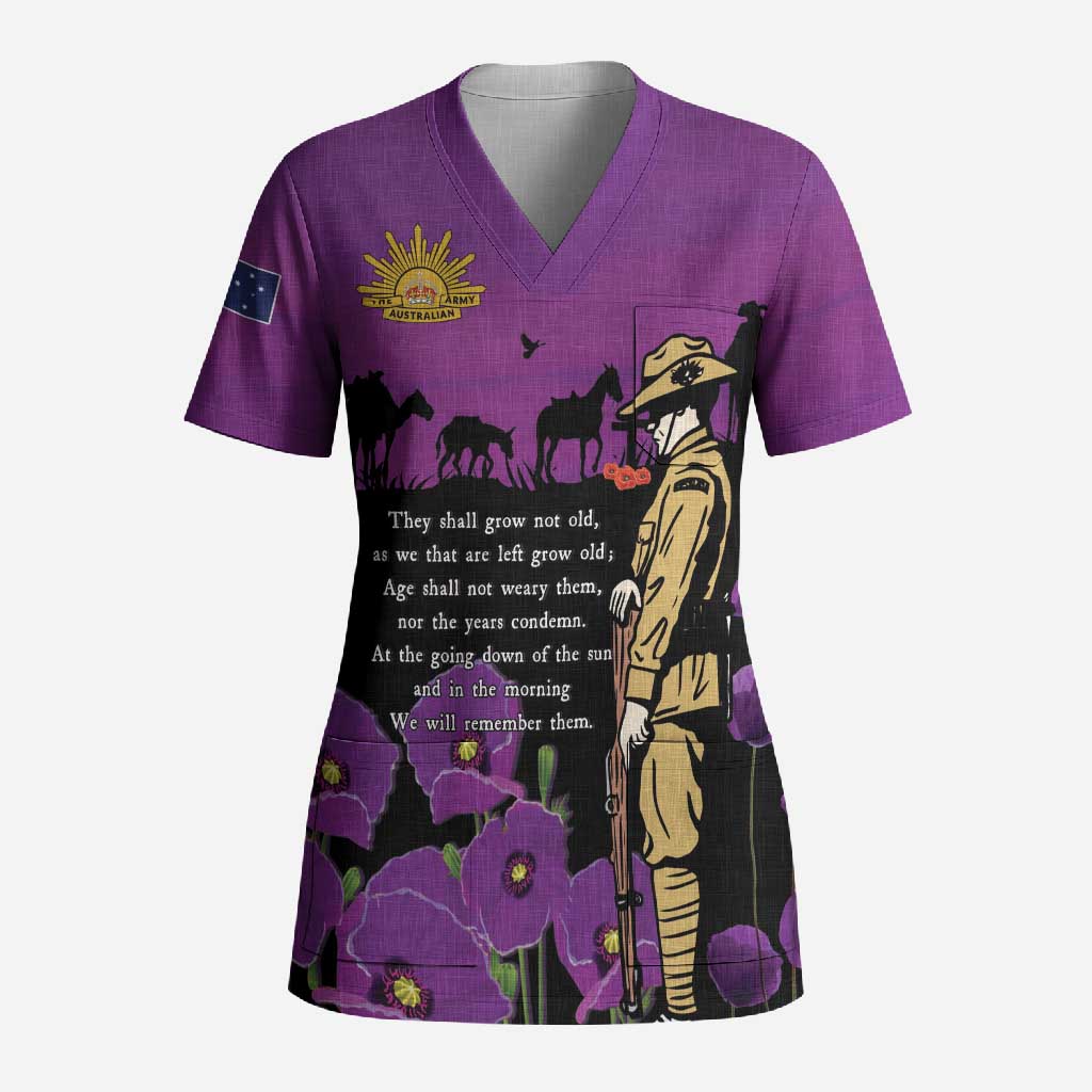 ANZAC Soldier and War Animals Scrub Top We Will Remember Them