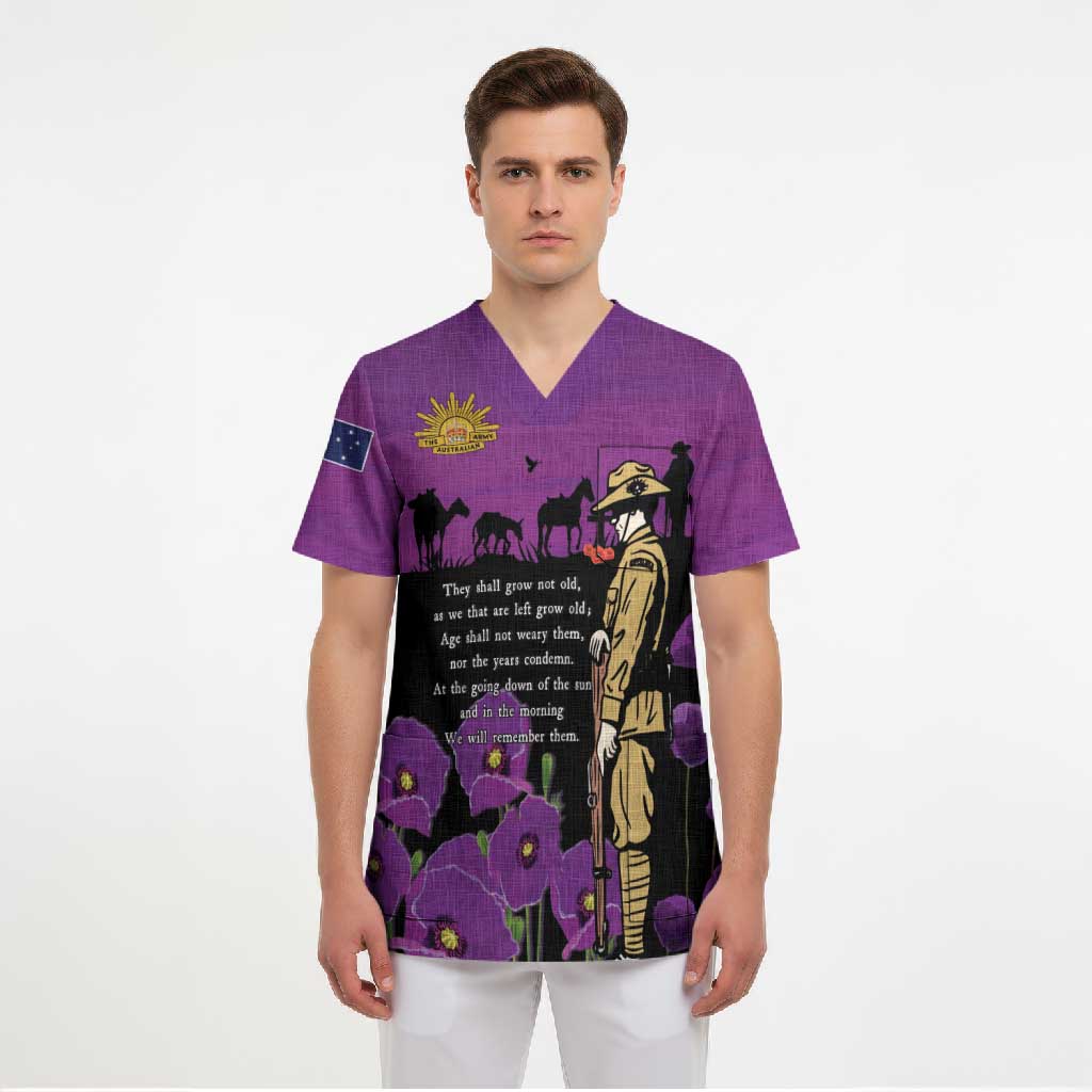 ANZAC Soldier and War Animals Scrub Top We Will Remember Them