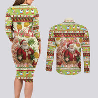 Hawaiian Santa Aloha Pineapple Christmas Couples Matching Long Sleeve Bodycon Dress and Long Sleeve Button Shirt Mele Kalikimaka LT15 - Polynesian Pride