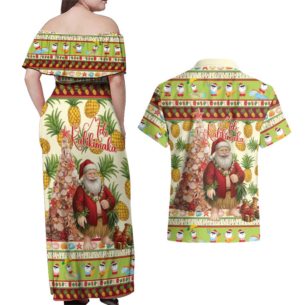 Hawaiian Santa Aloha Pineapple Christmas Couples Matching Off Shoulder Maxi Dress and Hawaiian Shirt Mele Kalikimaka LT15 - Polynesian Pride