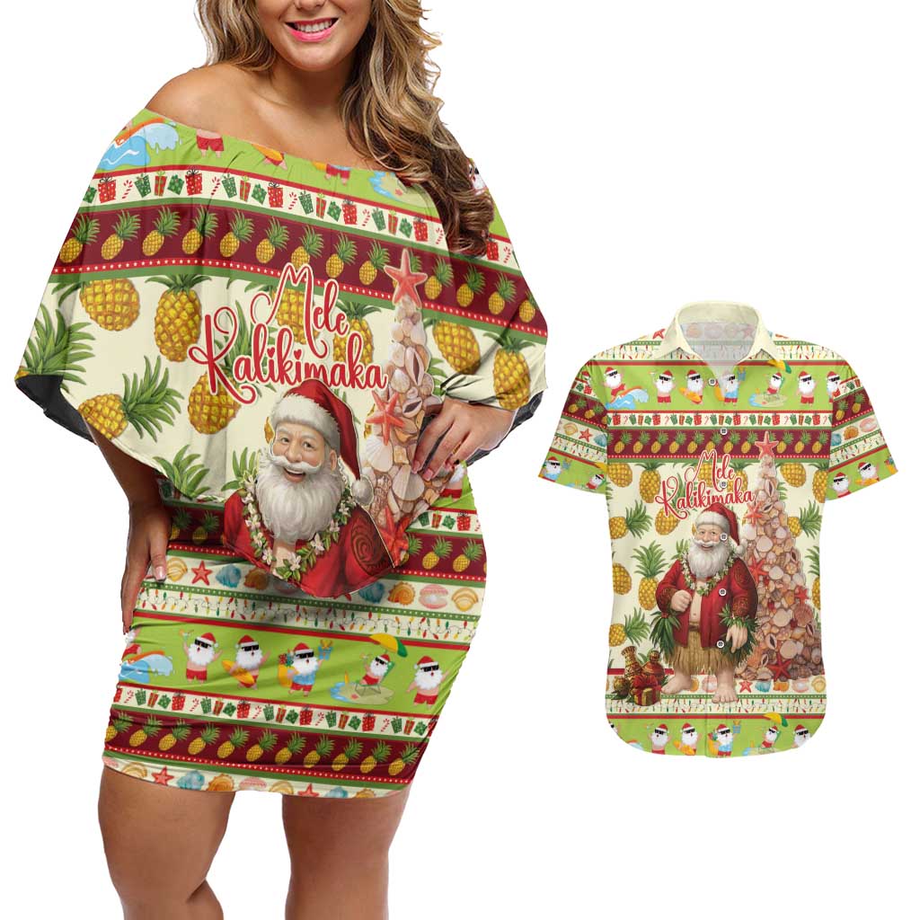 Hawaiian Santa Aloha Pineapple Christmas Couples Matching Off Shoulder Short Dress and Hawaiian Shirt Mele Kalikimaka LT15 Cream - Polynesian Pride