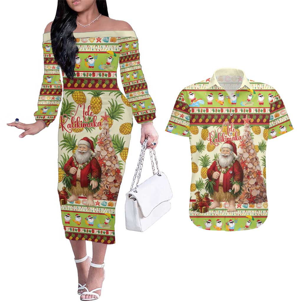Hawaiian Santa Aloha Pineapple Christmas Couples Matching Off The Shoulder Long Sleeve Dress and Hawaiian Shirt Mele Kalikimaka - Polynesian Pride