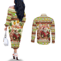 Hawaiian Santa Aloha Pineapple Christmas Couples Matching Off The Shoulder Long Sleeve Dress and Long Sleeve Button Shirt Mele Kalikimaka LT15 - Polynesian Pride