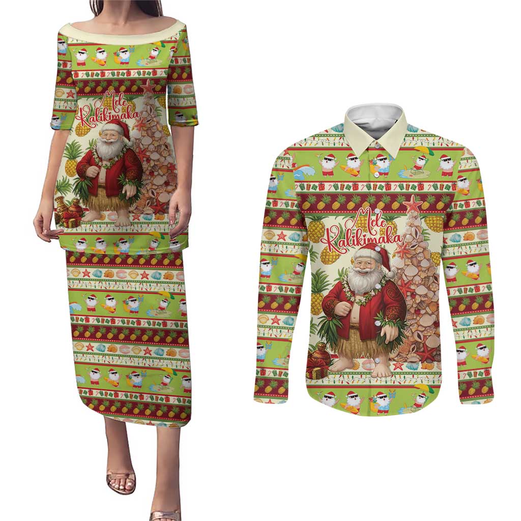 Hawaiian Santa Aloha Pineapple Christmas Couples Matching Puletasi and Long Sleeve Button Shirt Mele Kalikimaka - Polynesian Pride