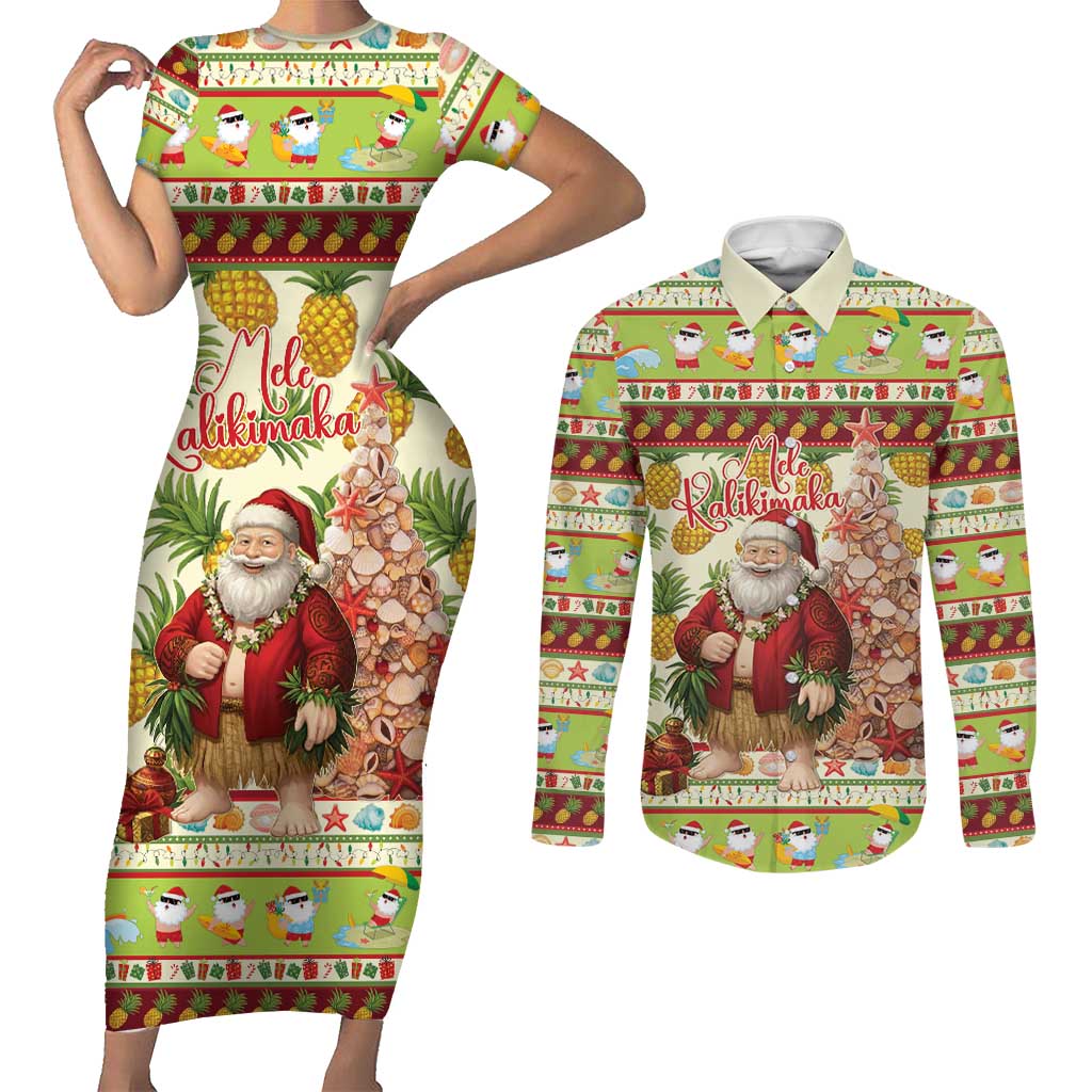 Hawaiian Santa Aloha Pineapple Christmas Couples Matching Short Sleeve Bodycon Dress and Long Sleeve Button Shirt Mele Kalikimaka LT15 Cream - Polynesian Pride