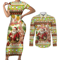Hawaiian Santa Aloha Pineapple Christmas Couples Matching Short Sleeve Bodycon Dress and Long Sleeve Button Shirt Mele Kalikimaka LT15 Cream - Polynesian Pride