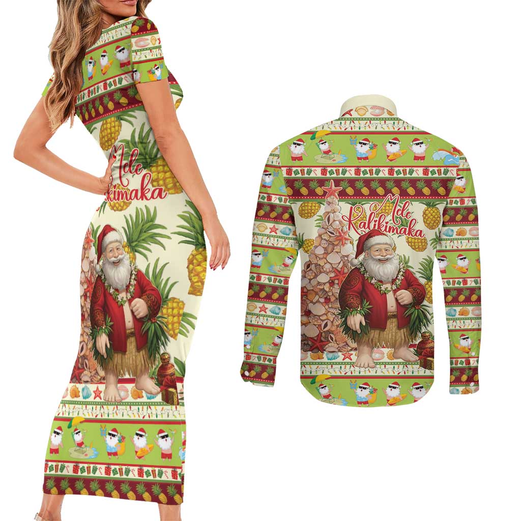 Hawaiian Santa Aloha Pineapple Christmas Couples Matching Short Sleeve Bodycon Dress and Long Sleeve Button Shirt Mele Kalikimaka LT15 - Polynesian Pride