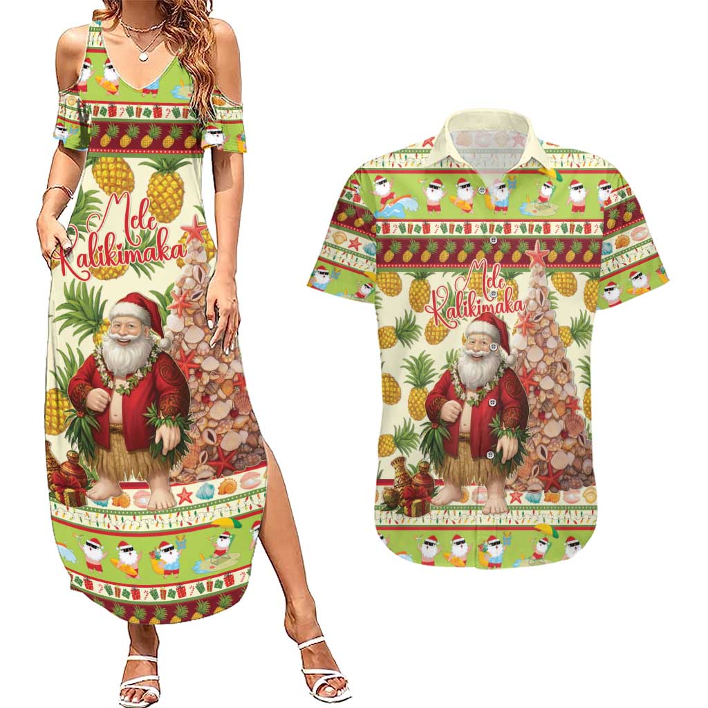 Hawaiian Santa Aloha Pineapple Christmas Couples Matching Summer Maxi Dress and Hawaiian Shirt Mele Kalikimaka LT15 Cream - Polynesian Pride
