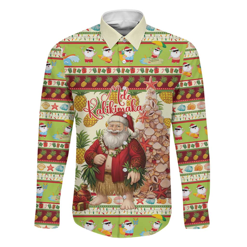 Hawaiian Santa Aloha Pineapple Christmas Family Matching Mermaid Dress and Hawaiian Shirt Mele Kalikimaka LT15 Dad's Shirt - Long Sleeve Cream - Polynesian Pride