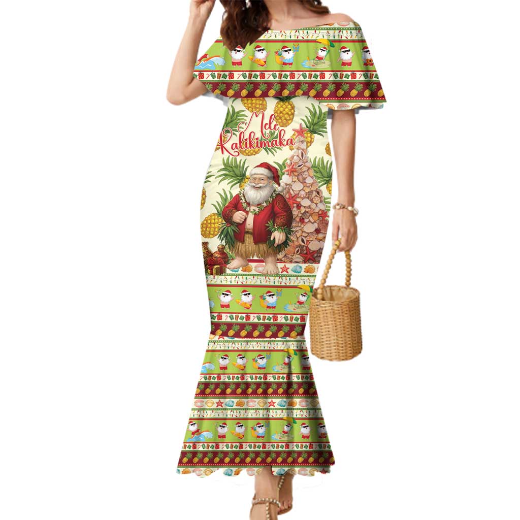 Hawaiian Santa Aloha Pineapple Christmas Family Matching Mermaid Dress and Hawaiian Shirt Mele Kalikimaka LT15 Mom's Dress Cream - Polynesian Pride