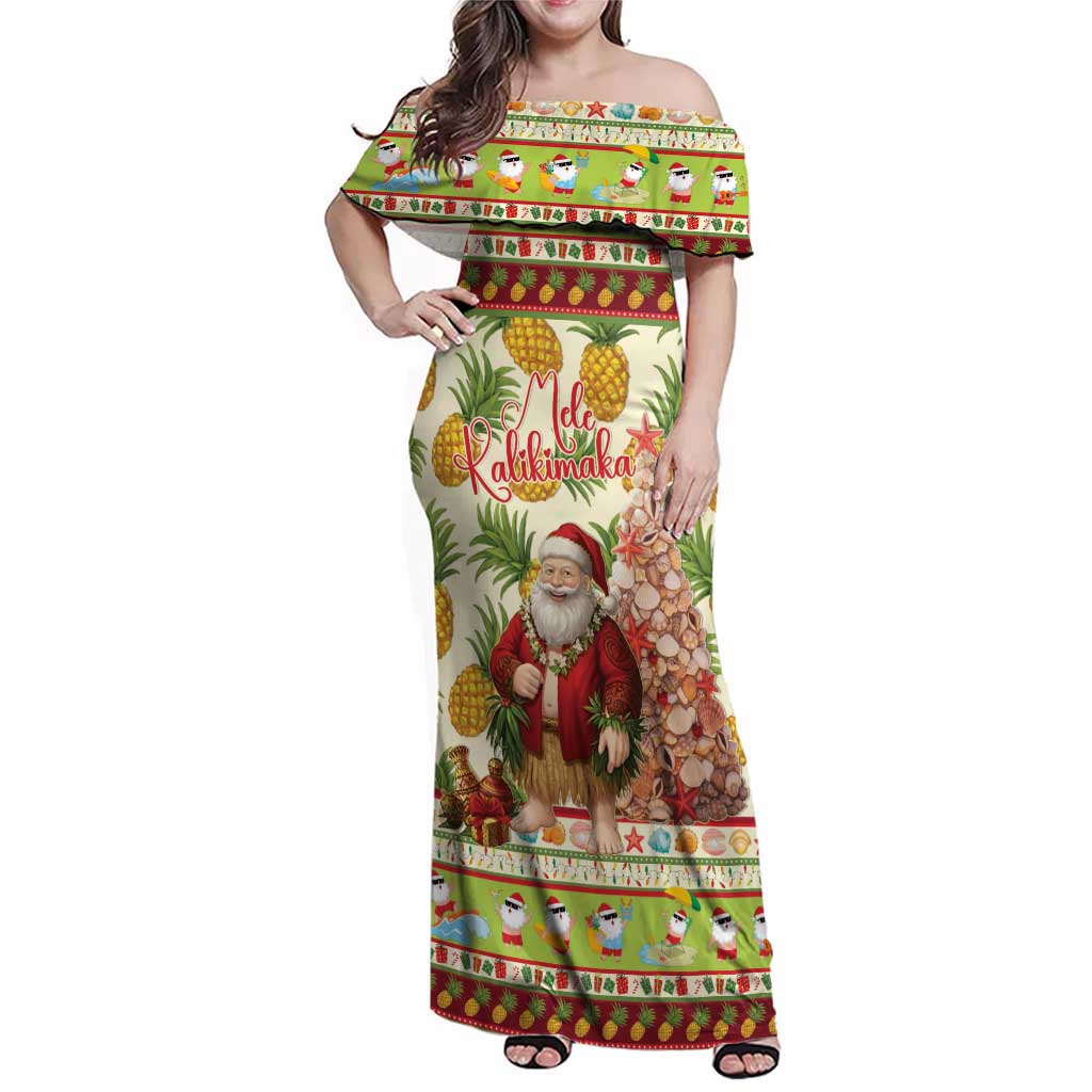 Hawaiian Santa Aloha Pineapple Christmas Family Matching Off Shoulder Maxi Dress and Hawaiian Shirt Mele Kalikimaka LT15 Mom's Dress Cream - Polynesian Pride