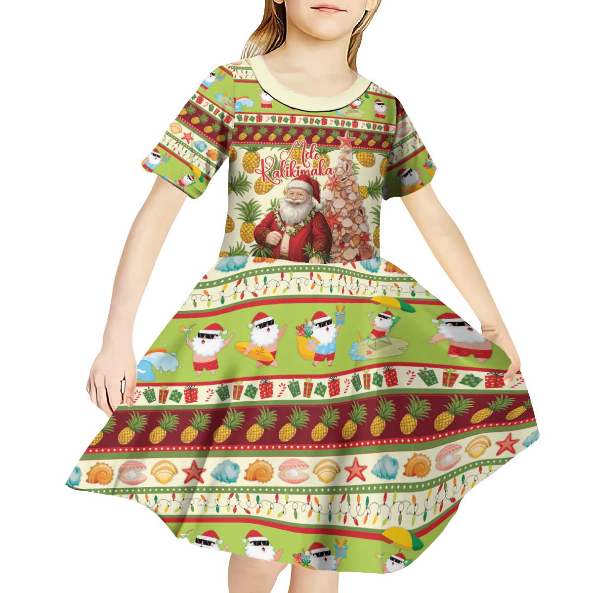 Hawaiian Santa Aloha Pineapple Christmas Kid Short Sleeve Dress Mele Kalikimaka - Polynesian Pride
