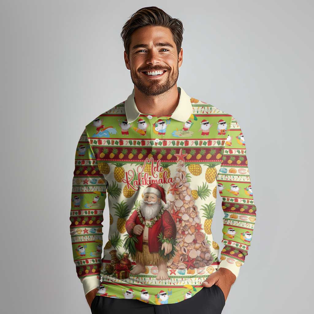 Hawaiian Santa Aloha Pineapple Christmas Long Sleeve Polo Shirt Mele Kalikimaka - Polynesian Pride