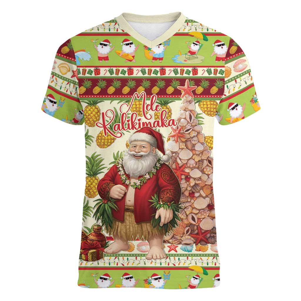 Hawaiian Santa Aloha Pineapple Christmas Women V-Neck T-Shirt Mele Kalikimaka - Polynesian Pride