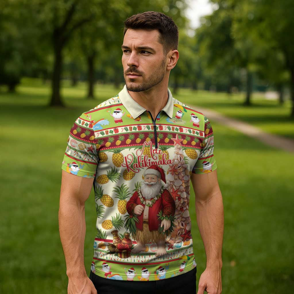 Hawaiian Santa Aloha Pineapple Christmas Zipper Polo Shirt Mele Kalikimaka - Polynesian Pride