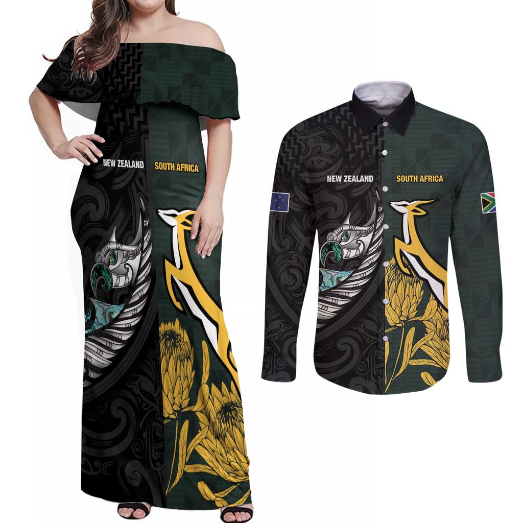 New Zealand and South Africa Rugby Custom Couples Matching Off Shoulder Maxi Dress and Long Sleeve Button Shirt Silver Fern With Springboks