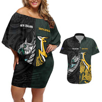 New Zealand and South Africa Rugby Custom Couples Matching Off Shoulder Short Dress and Hawaiian Shirt Silver Fern With Springboks