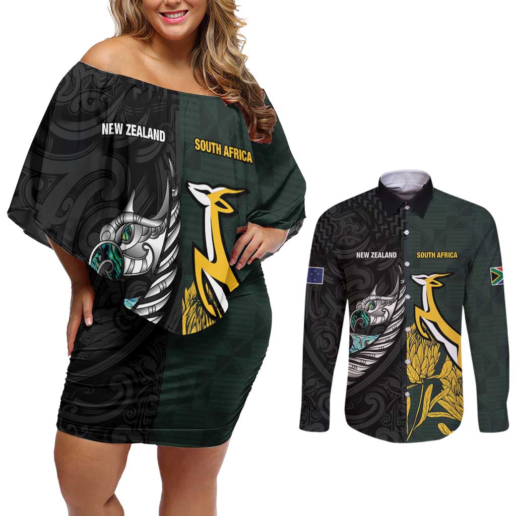 New Zealand and South Africa Rugby Custom Couples Matching Off Shoulder Short Dress and Long Sleeve Button Shirt Silver Fern With Springboks