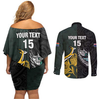 New Zealand and South Africa Rugby Custom Couples Matching Off Shoulder Short Dress and Long Sleeve Button Shirt Silver Fern With Springboks