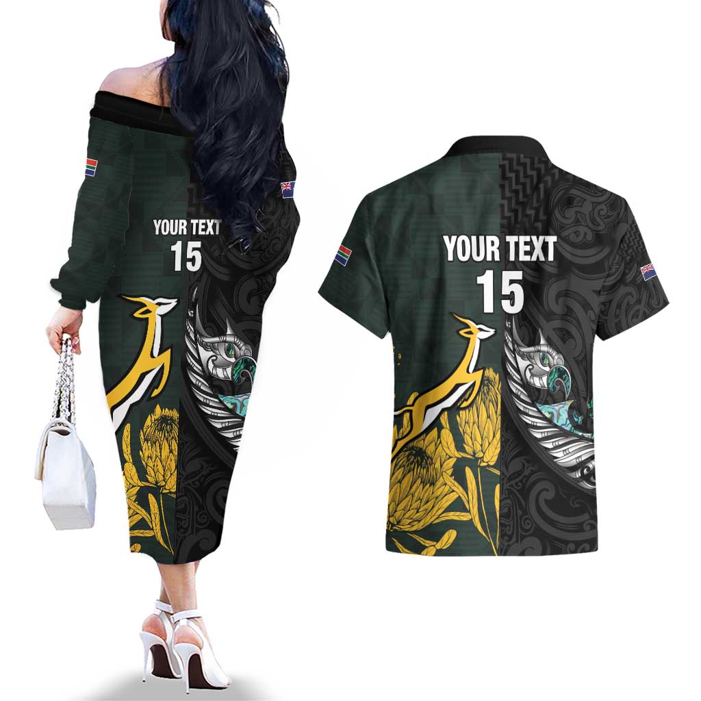 New Zealand and South Africa Rugby Custom Couples Matching Off The Shoulder Long Sleeve Dress and Hawaiian Shirt Silver Fern With Springboks