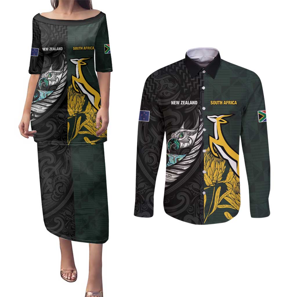 New Zealand and South Africa Rugby Custom Couples Matching Puletasi and Long Sleeve Button Shirt Silver Fern With Springboks