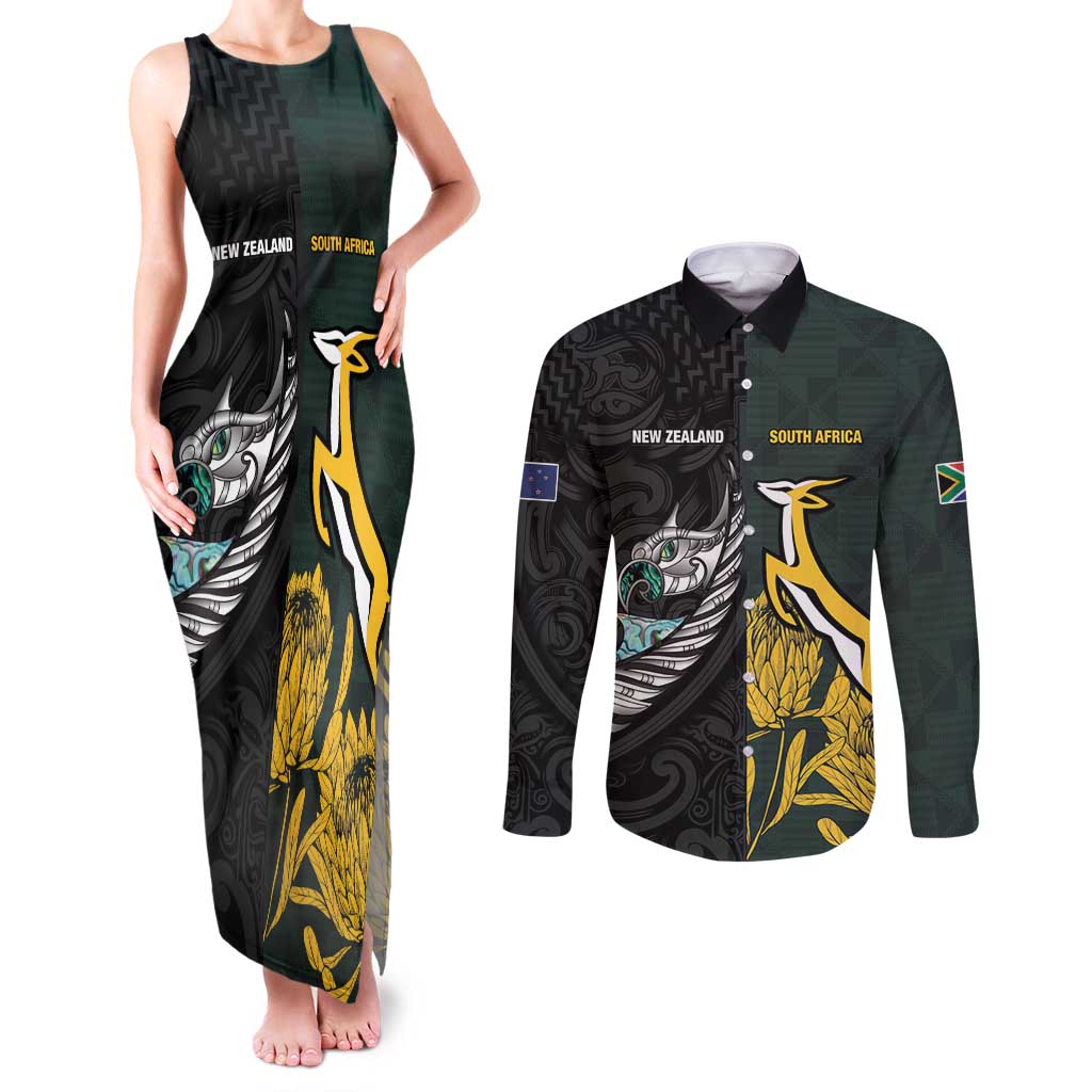 New Zealand and South Africa Rugby Custom Couples Matching Tank Maxi Dress and Long Sleeve Button Shirt Silver Fern With Springboks