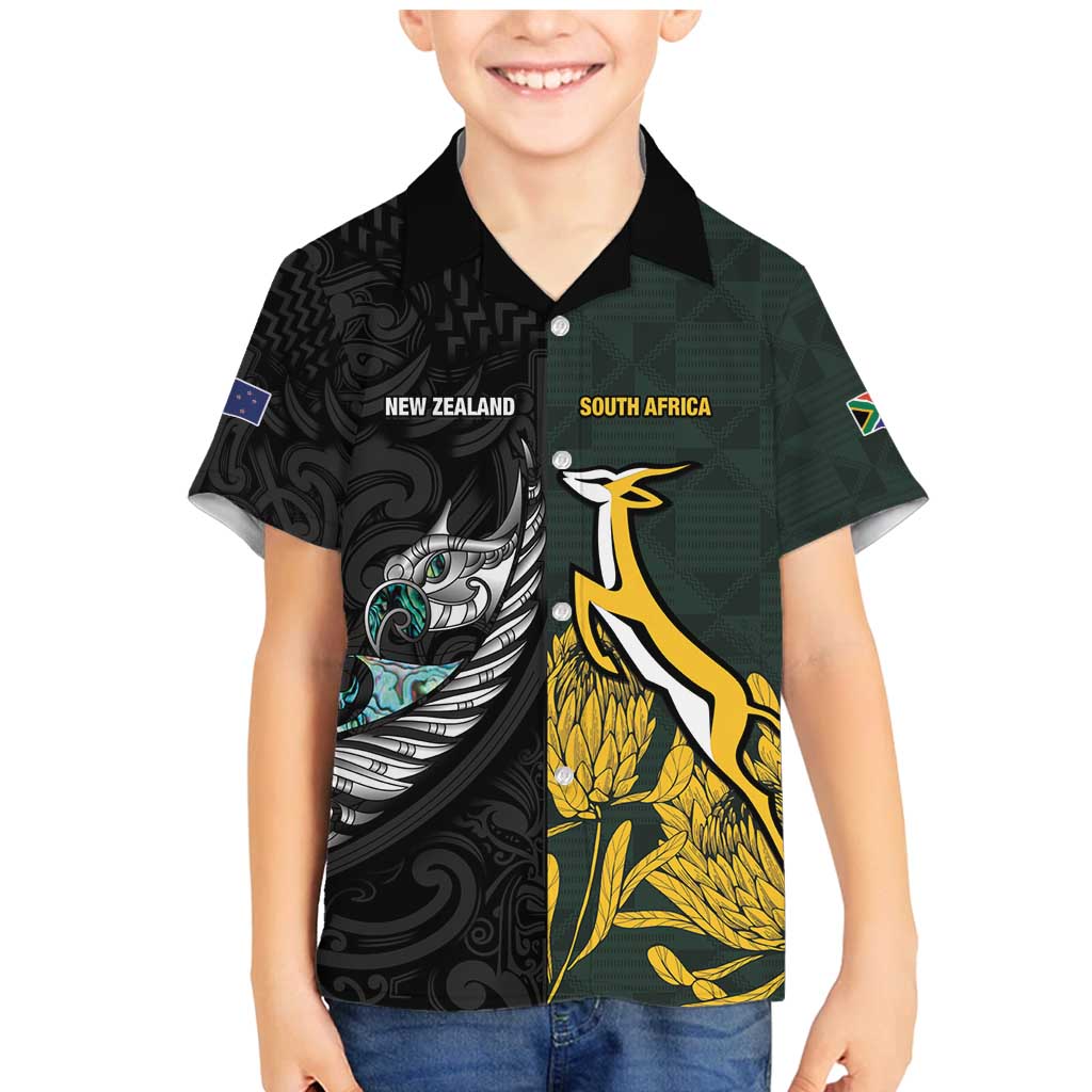 New Zealand and South Africa Rugby Custom Family Matching Mermaid Dress and Hawaiian Shirt Silver Fern With Springboks