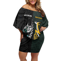New Zealand and South Africa Rugby Custom Family Matching Off Shoulder Short Dress and Hawaiian Shirt Silver Fern With Springboks