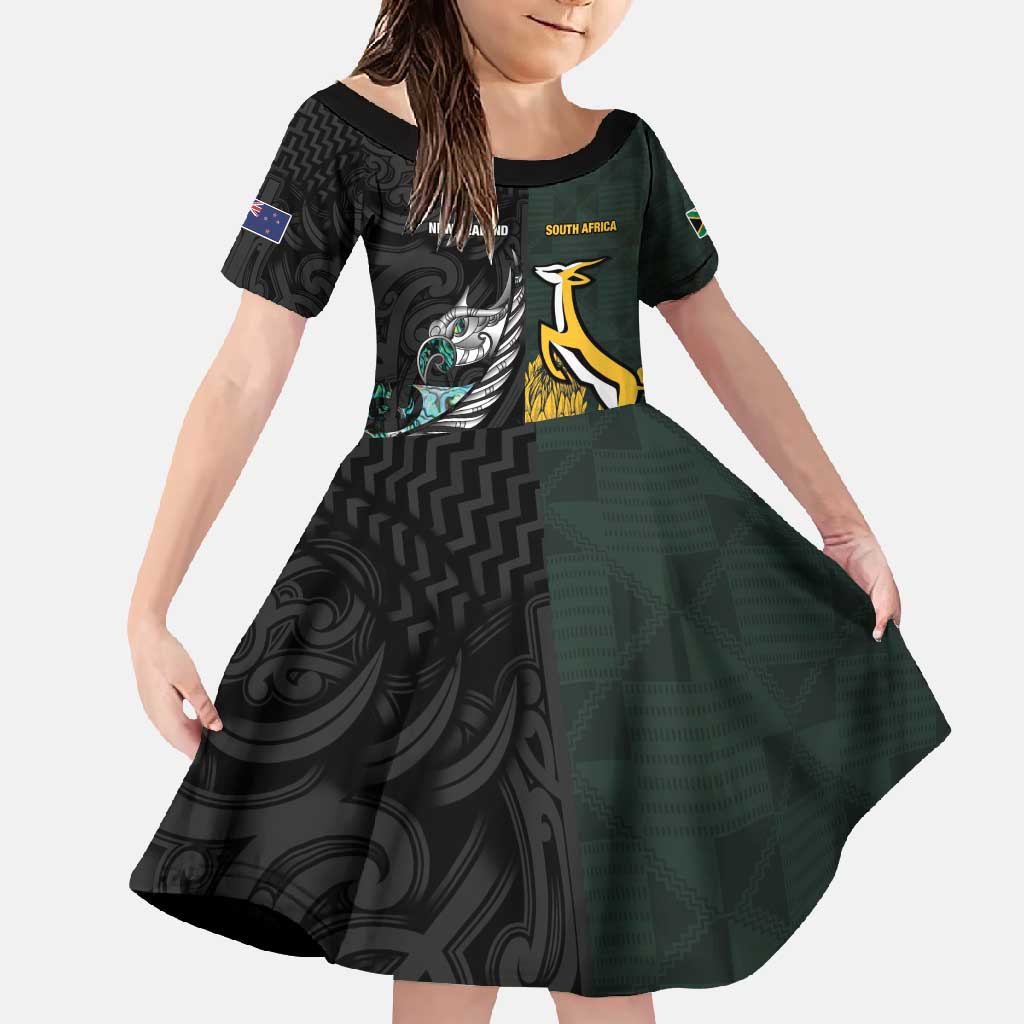 New Zealand and South Africa Rugby Custom Family Matching Short Sleeve Bodycon Dress and Hawaiian Shirt Silver Fern With Springboks