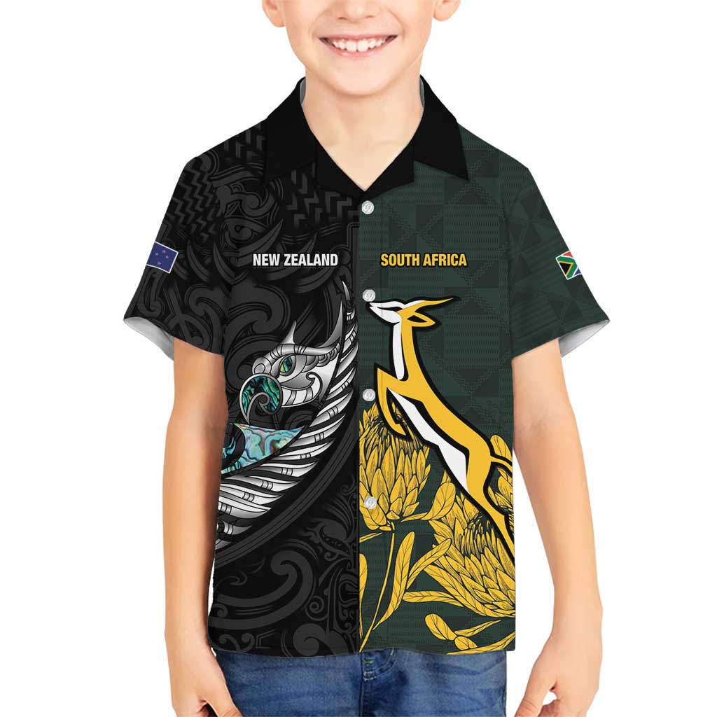 New Zealand and South Africa Rugby Custom Family Matching Tank Maxi Dress and Hawaiian Shirt Silver Fern With Springboks