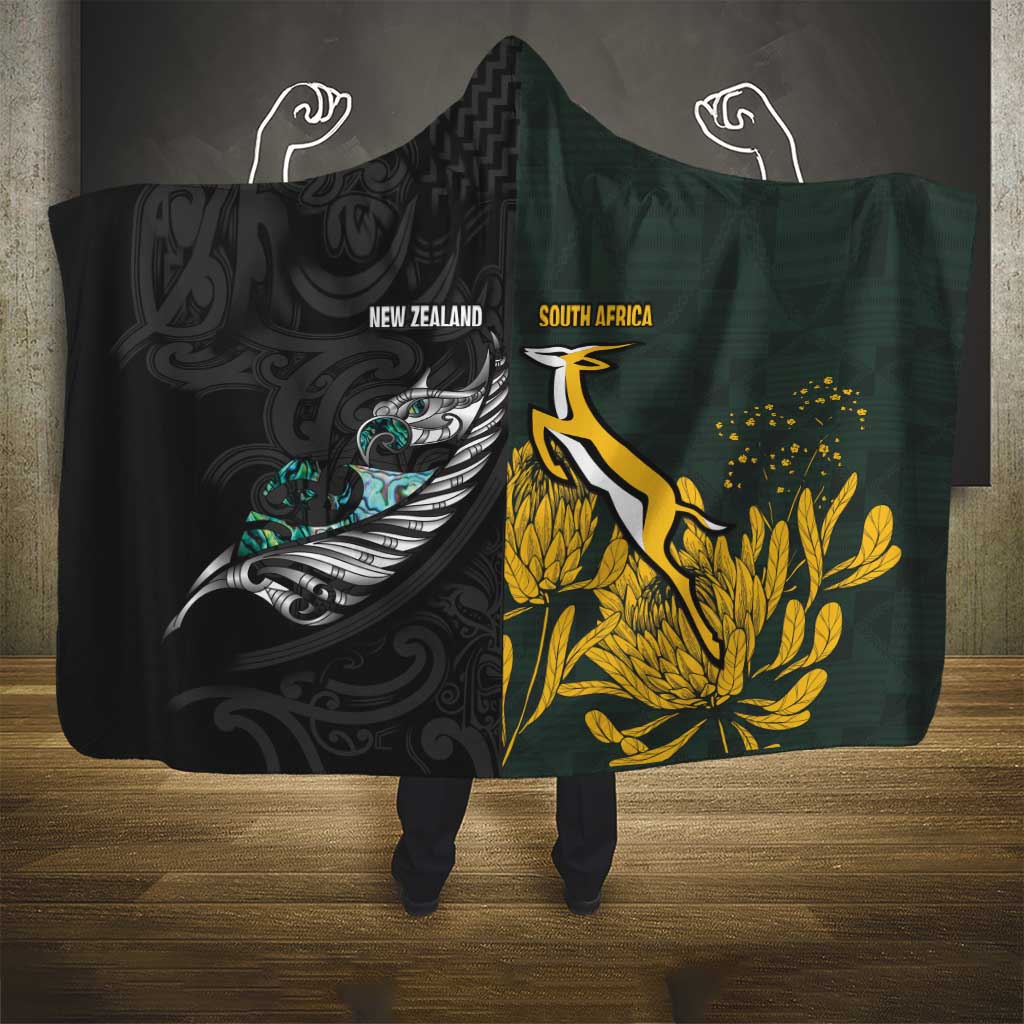 New Zealand and South Africa Rugby Hooded Blanket Silver Fern With Springboks