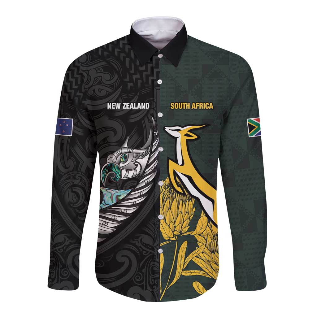 New Zealand and South Africa Rugby Custom Long Sleeve Button Shirt Silver Fern With Springboks
