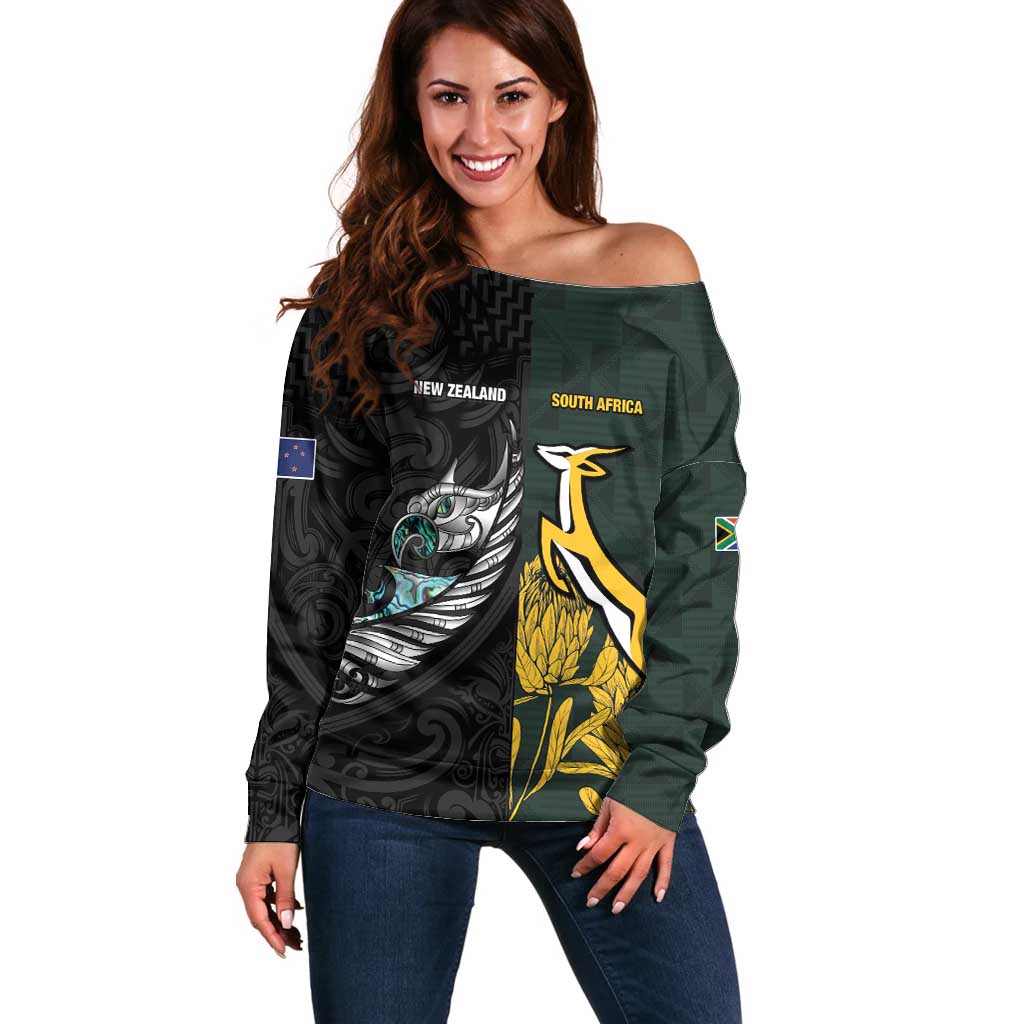 New Zealand and South Africa Rugby Custom Off Shoulder Sweater Silver Fern With Springboks