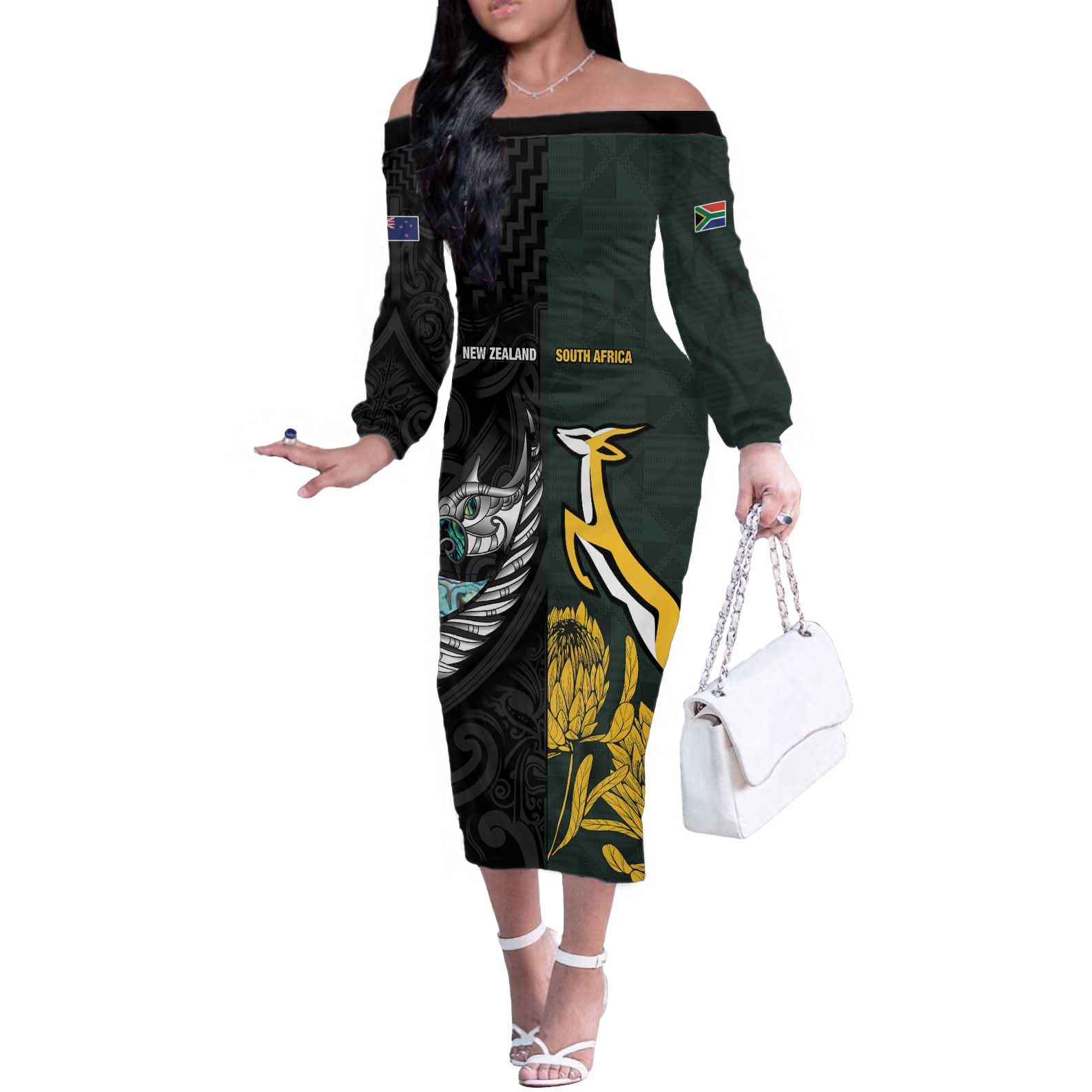 New Zealand and South Africa Rugby Custom Off The Shoulder Long Sleeve Dress Silver Fern With Springboks