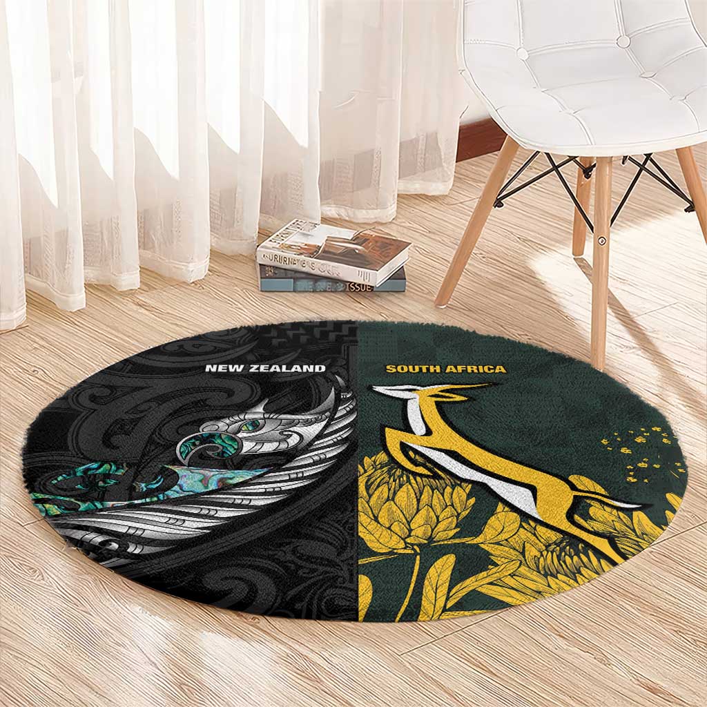 New Zealand and South Africa Rugby Round Carpet Silver Fern With Springboks