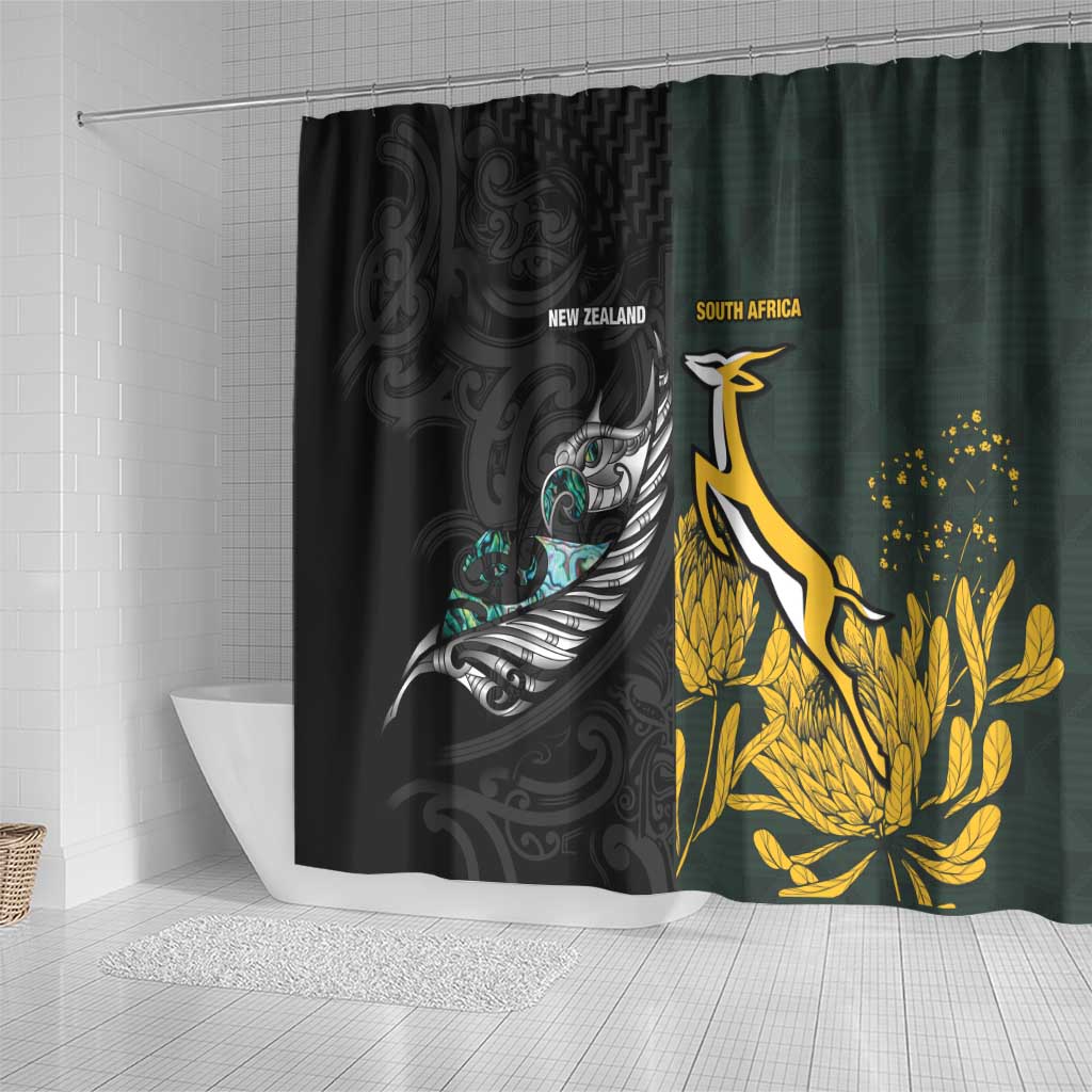 New Zealand and South Africa Rugby Shower Curtain Silver Fern With Springboks