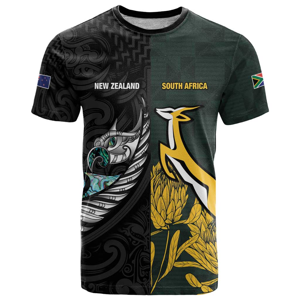 New Zealand and South Africa Rugby Custom T Shirt Silver Fern With Springboks