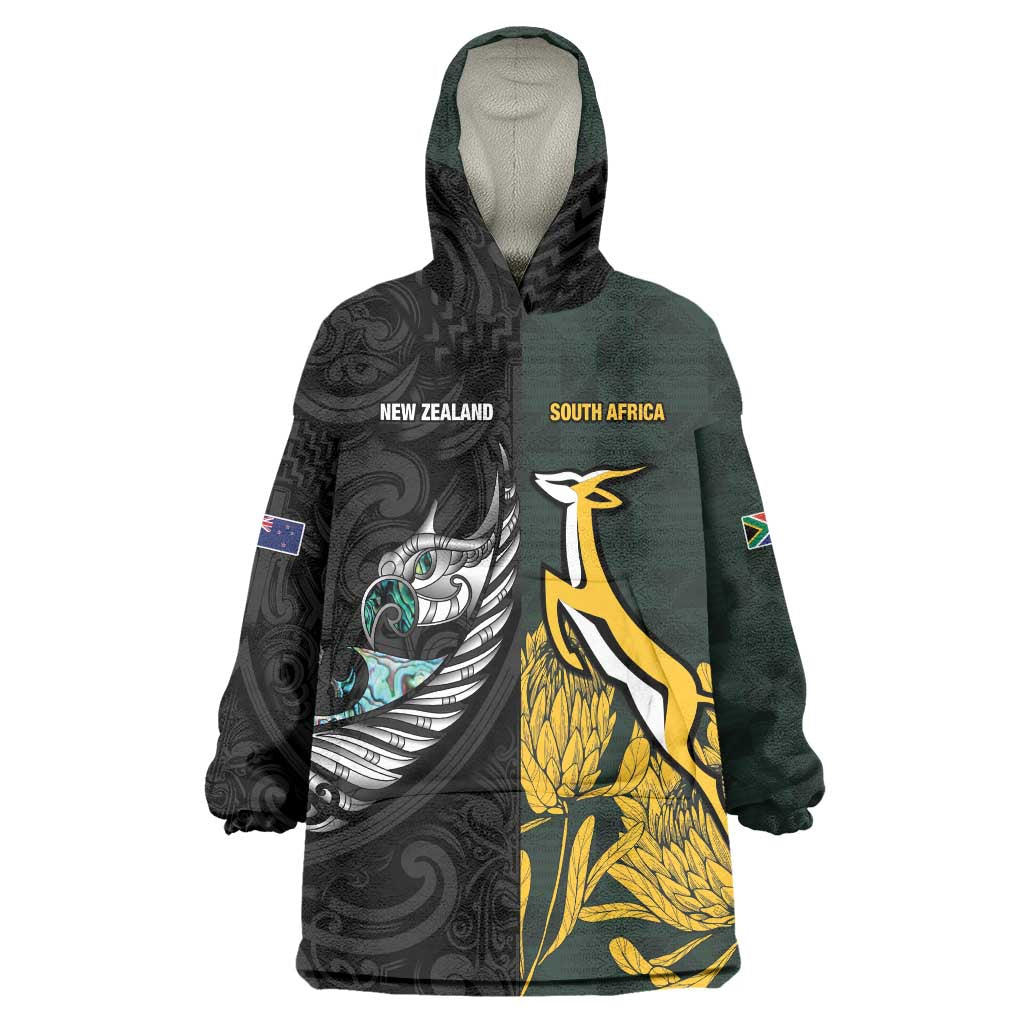 New Zealand and South Africa Rugby Custom Wearable Blanket Hoodie Silver Fern With Springboks