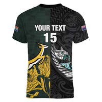 New Zealand and South Africa Rugby Custom Women V-Neck T-Shirt Silver Fern With Springboks